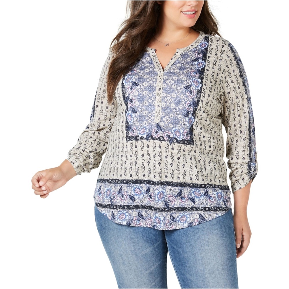 Style & Co. Womens Mixed Print Henley Blouse Large Petite
